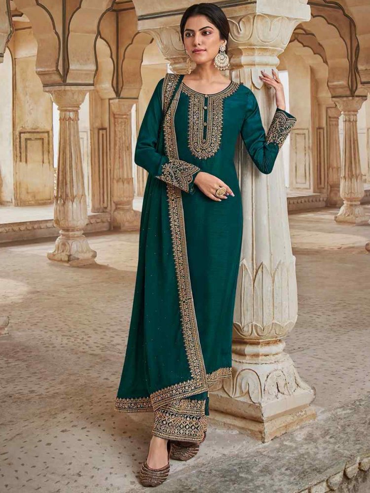 Teal Dola Silk Embroidered Festival Wedding Pant Salwar Kameez