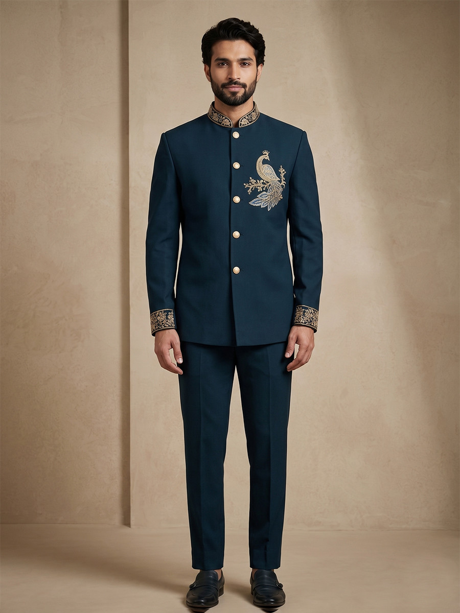 Teal Doniar Satin Embroidery Wedding Party Festival Casual Groom Ready jodhpuri suit