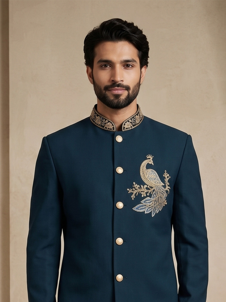 Teal Doniar Satin Embroidery Wedding Party Festival Casual Groom Ready jodhpuri suit