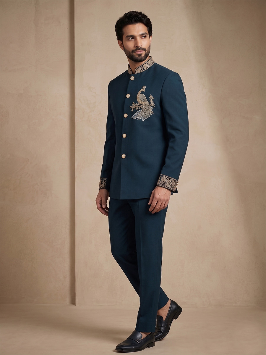 Teal Doniar Satin Embroidery Wedding Party Festival Casual Groom Ready jodhpuri suit