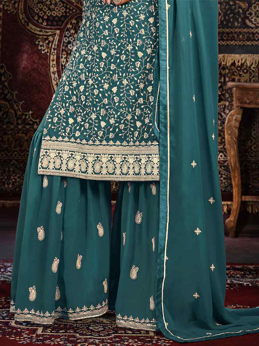 Teal Faux Georgette Embroidered Festival Mehendi Palazzo Pant Salwar Kameez