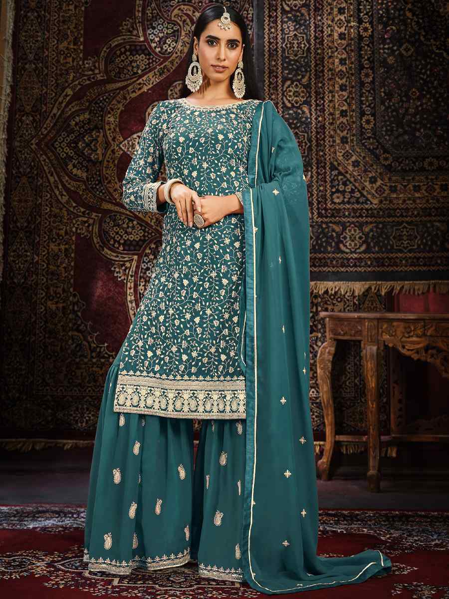 Teal Faux Georgette Embroidered Festival Mehendi Palazzo Pant Salwar Kameez