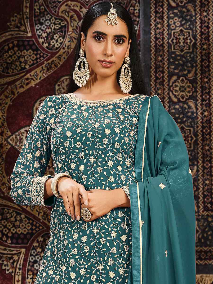 Teal Faux Georgette Embroidered Festival Mehendi Palazzo Pant Salwar Kameez