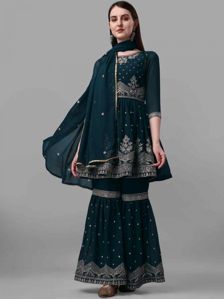 Teal Faux Georgette Embroidered Festival Party Sharara Pant Salwar Kameez