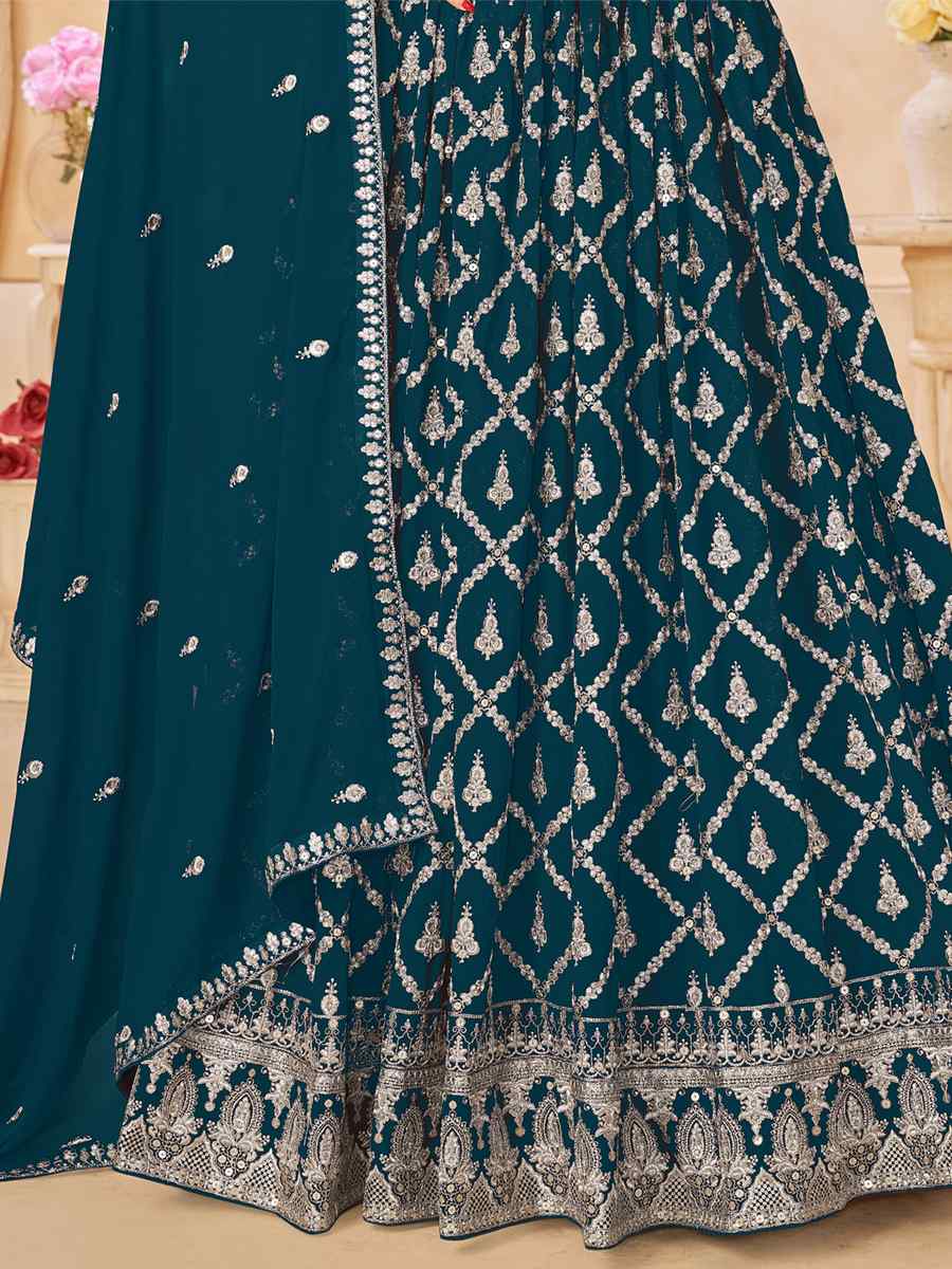 Teal Faux Georgette Embroidered Festival Wedding Anarkali Salwar Kameez