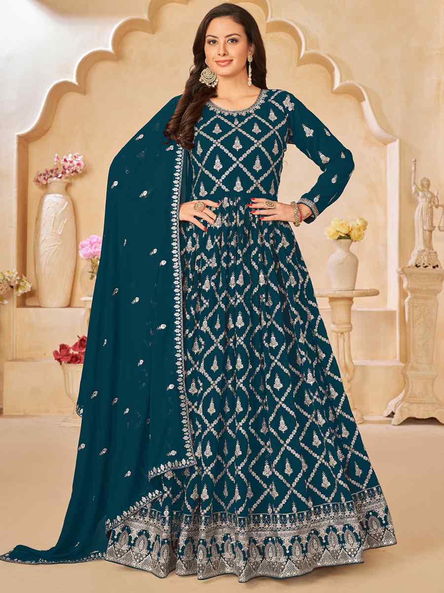 Teal Faux Georgette Embroidered Festival Wedding Anarkali Salwar Kameez