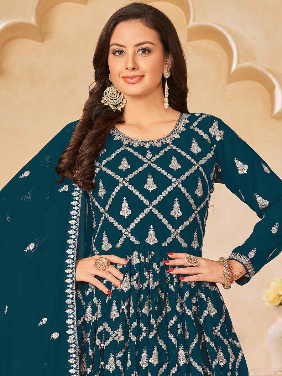 Teal Faux Georgette Embroidered Festival Wedding Anarkali Salwar Kameez