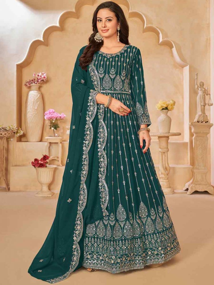 Teal Faux Georgette Embroidered Festival Wedding Anarkali Salwar Kameez