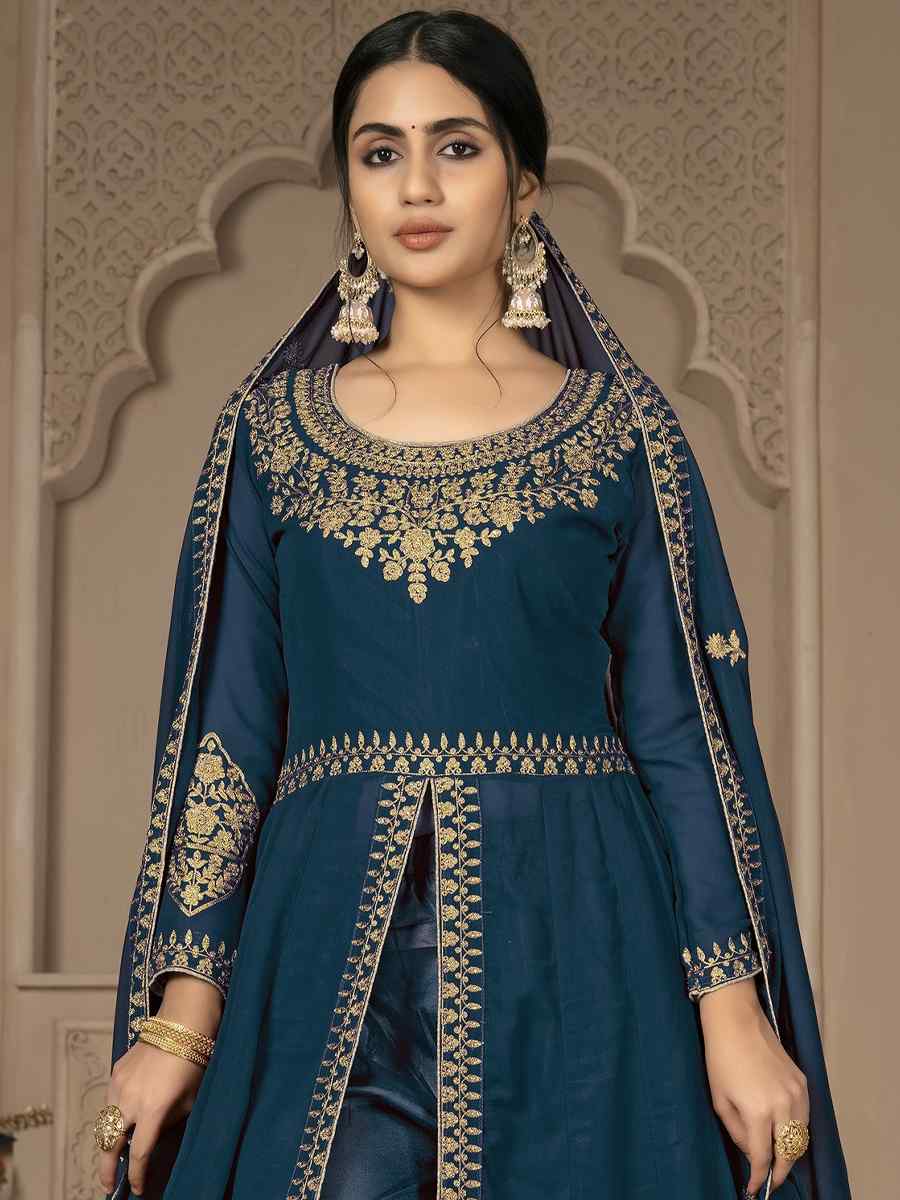 Teal Faux Georgette Embroidered Festival Wedding Lawn Salwar Kameez