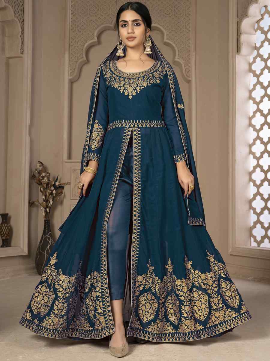 Teal Faux Georgette Embroidered Festival Wedding Lawn Salwar Kameez