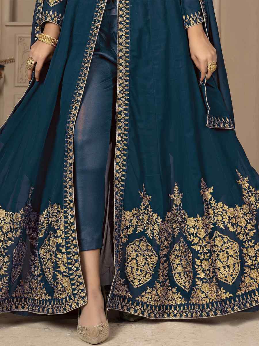 Teal Faux Georgette Embroidered Festival Wedding Lawn Salwar Kameez