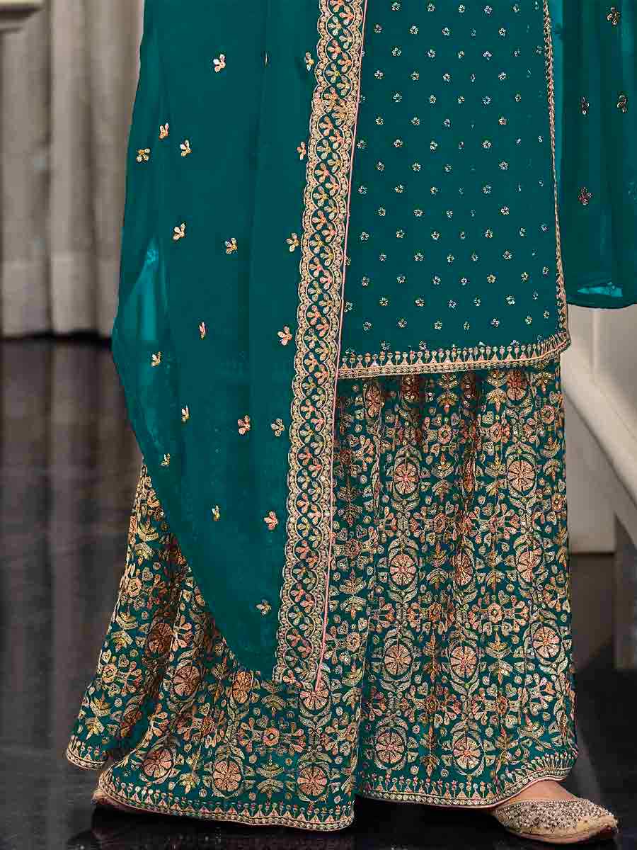 Teal Faux Georgette Embroidered Festival Wedding Palazzo Pant Salwar Kameez