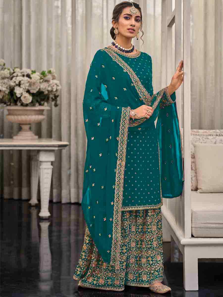 Teal Faux Georgette Embroidered Festival Wedding Palazzo Pant Salwar Kameez