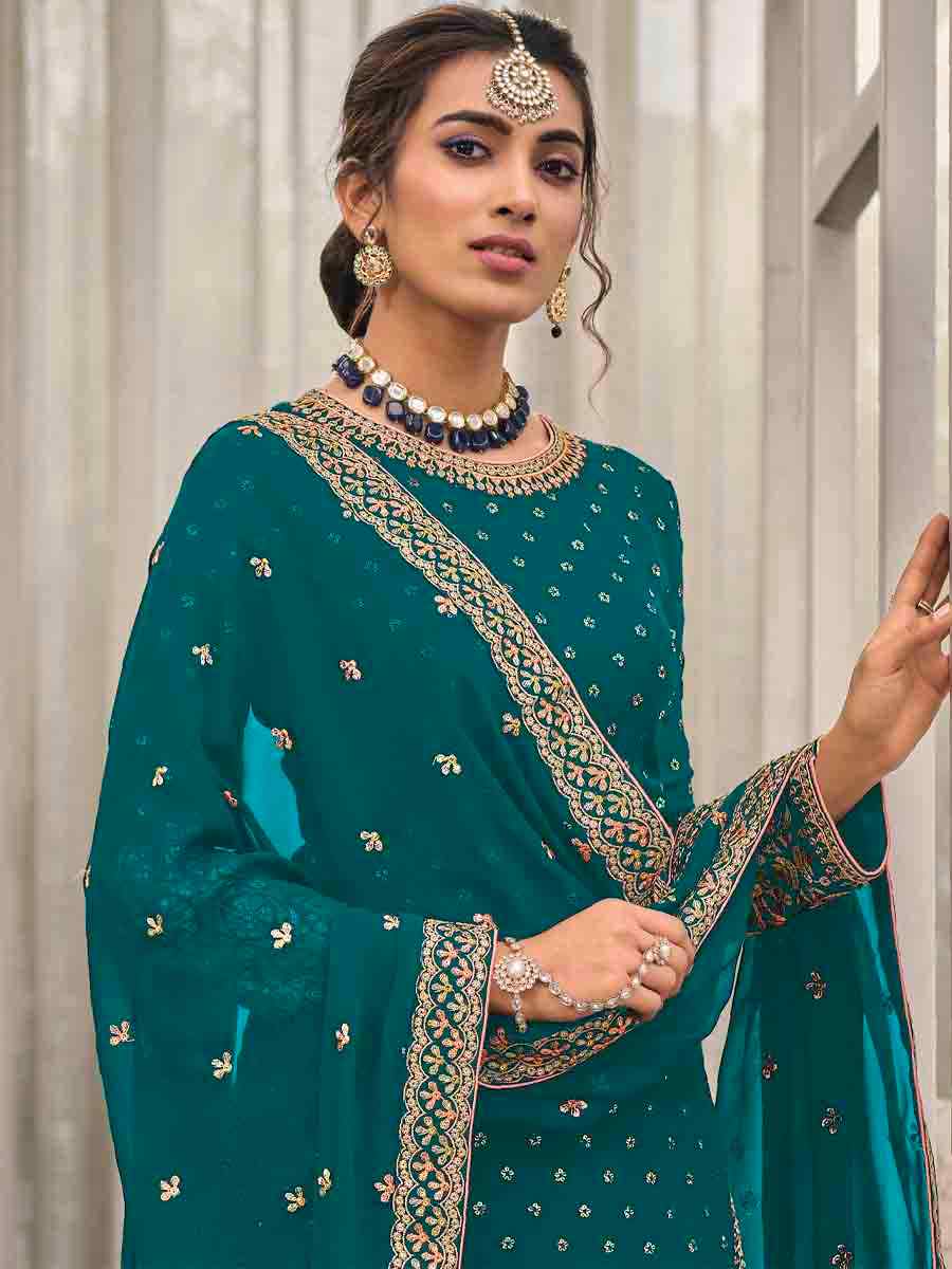 Teal Faux Georgette Embroidered Festival Wedding Palazzo Pant Salwar Kameez