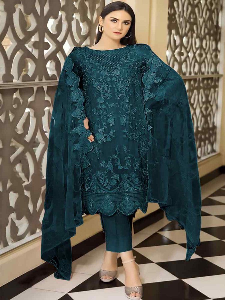 Teal Faux Georgette Embroidered Festival Wedding Pant Salwar Kameez