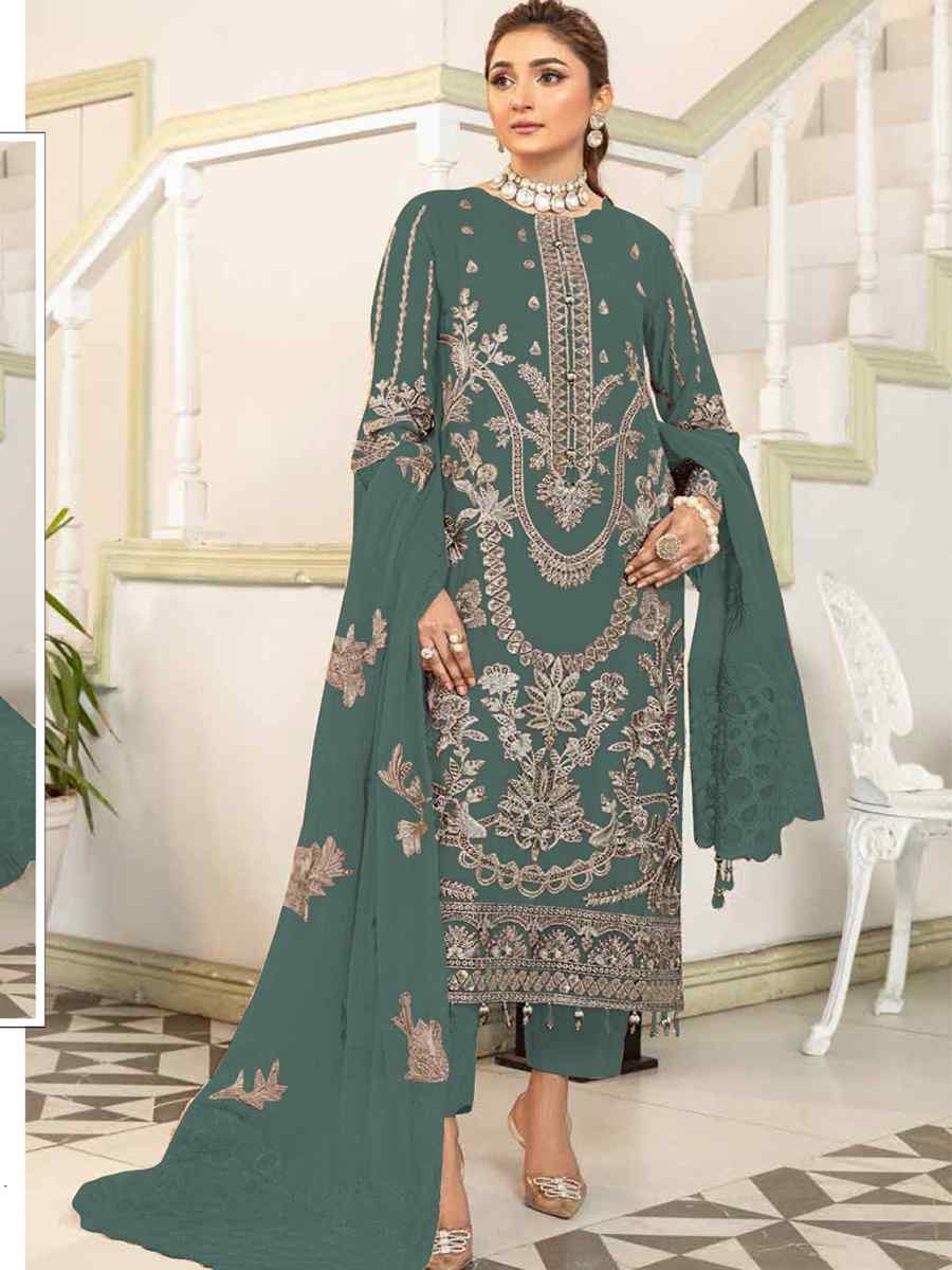 Teal Faux Georgette Embroidered Festival Wedding Pant Salwar Kameez