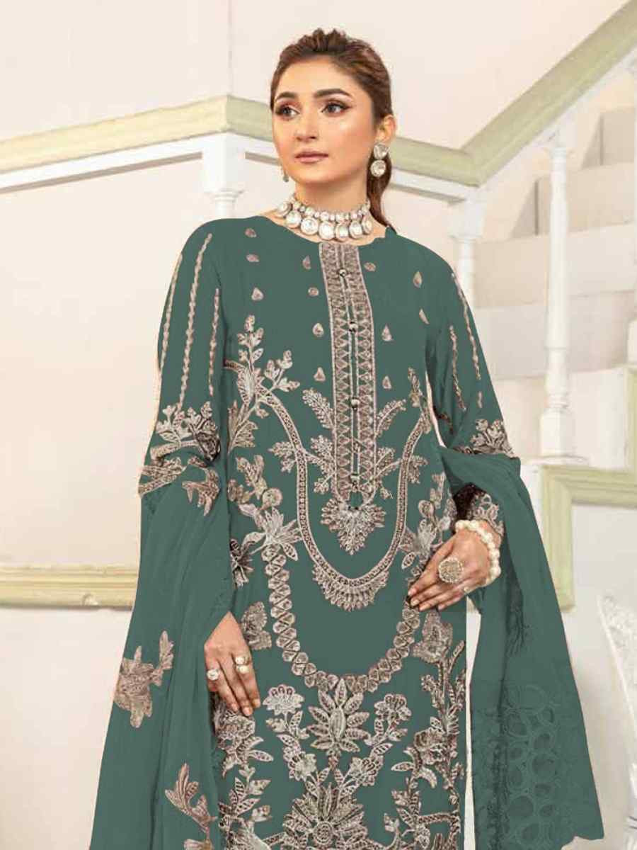 Teal Faux Georgette Embroidered Festival Wedding Pant Salwar Kameez