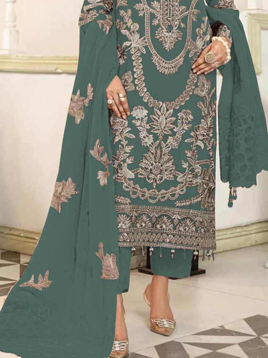 Teal Faux Georgette Embroidered Festival Wedding Pant Salwar Kameez
