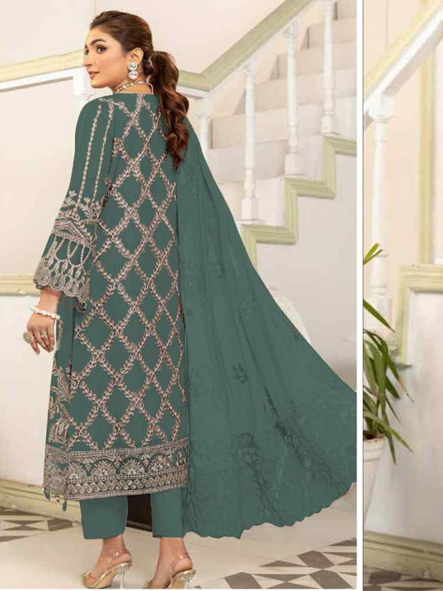 Teal Faux Georgette Embroidered Festival Wedding Pant Salwar Kameez