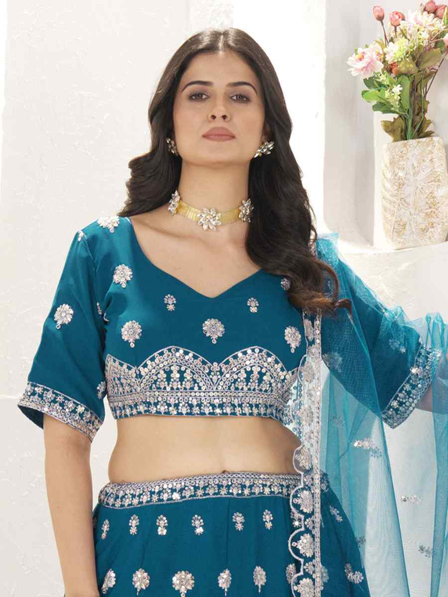Teal Faux Georgette Embroidered Wedding Festival Heavy Border Lehenga Choli