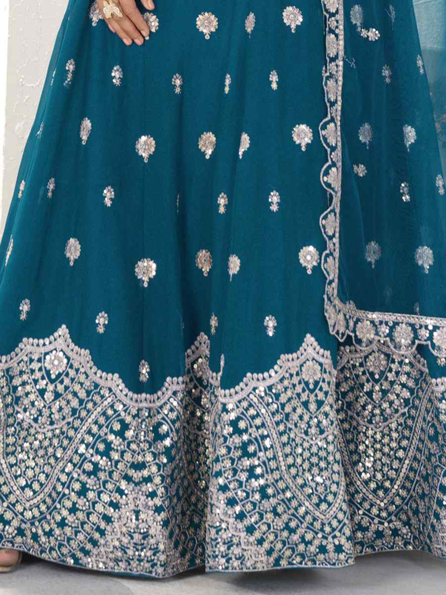 Teal Faux Georgette Embroidered Wedding Festival Heavy Border Lehenga Choli
