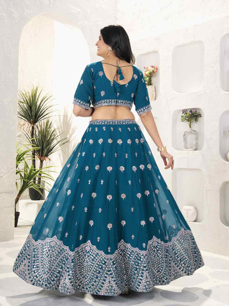 Teal Faux Georgette Embroidered Wedding Festival Heavy Border Lehenga Choli
