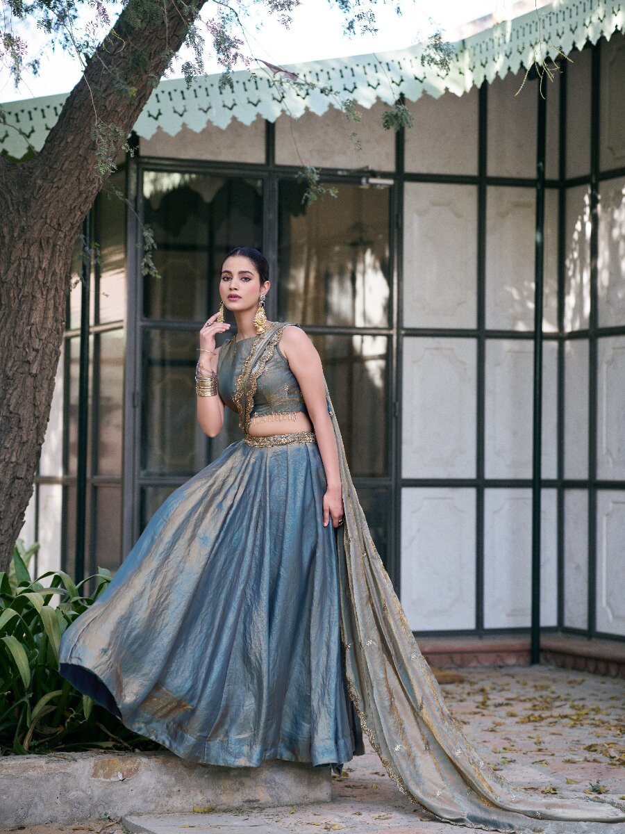 Teal Fendi Silk Thread Embroidery Sequins Wedding Reception Party Festival Circular Lehenga Choli