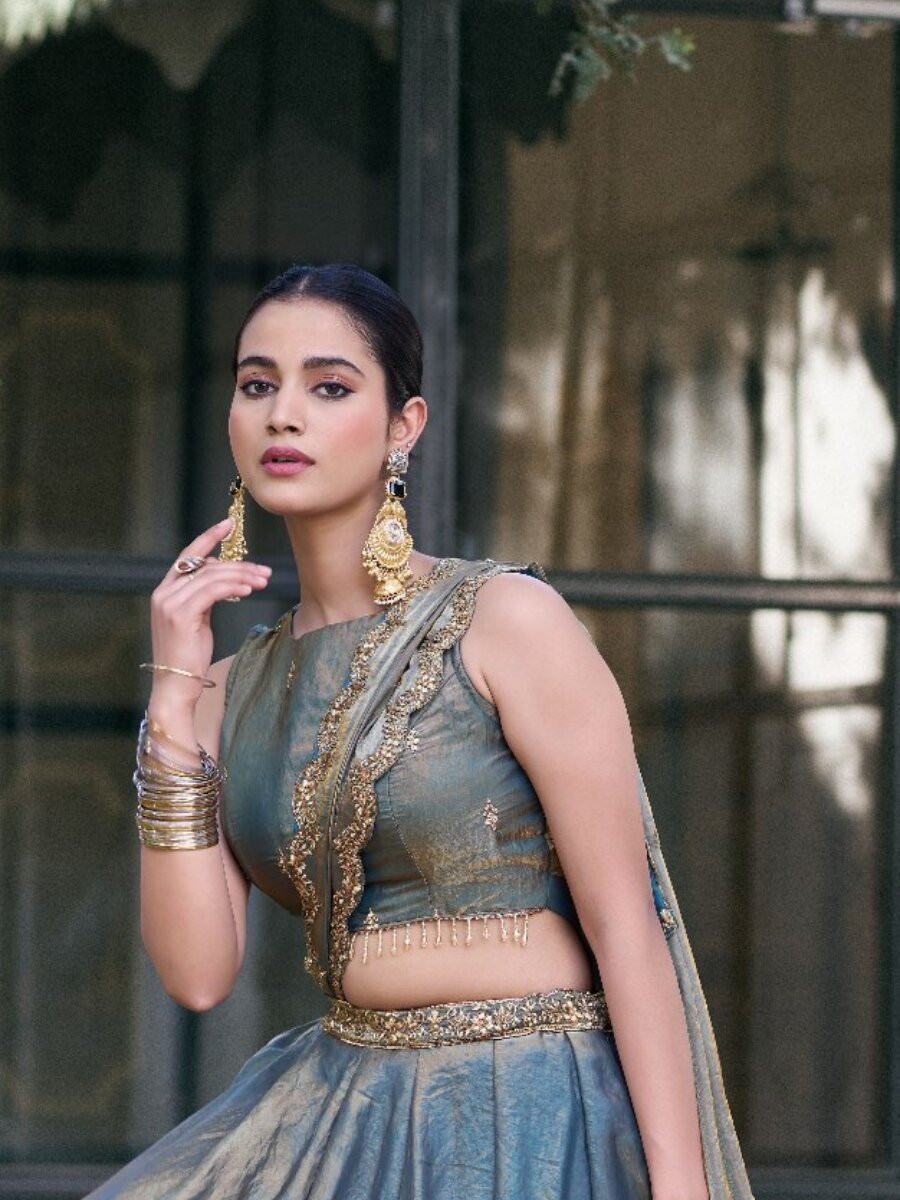 Teal Fendi Silk Thread Embroidery Sequins Wedding Reception Party Festival Circular Lehenga Choli