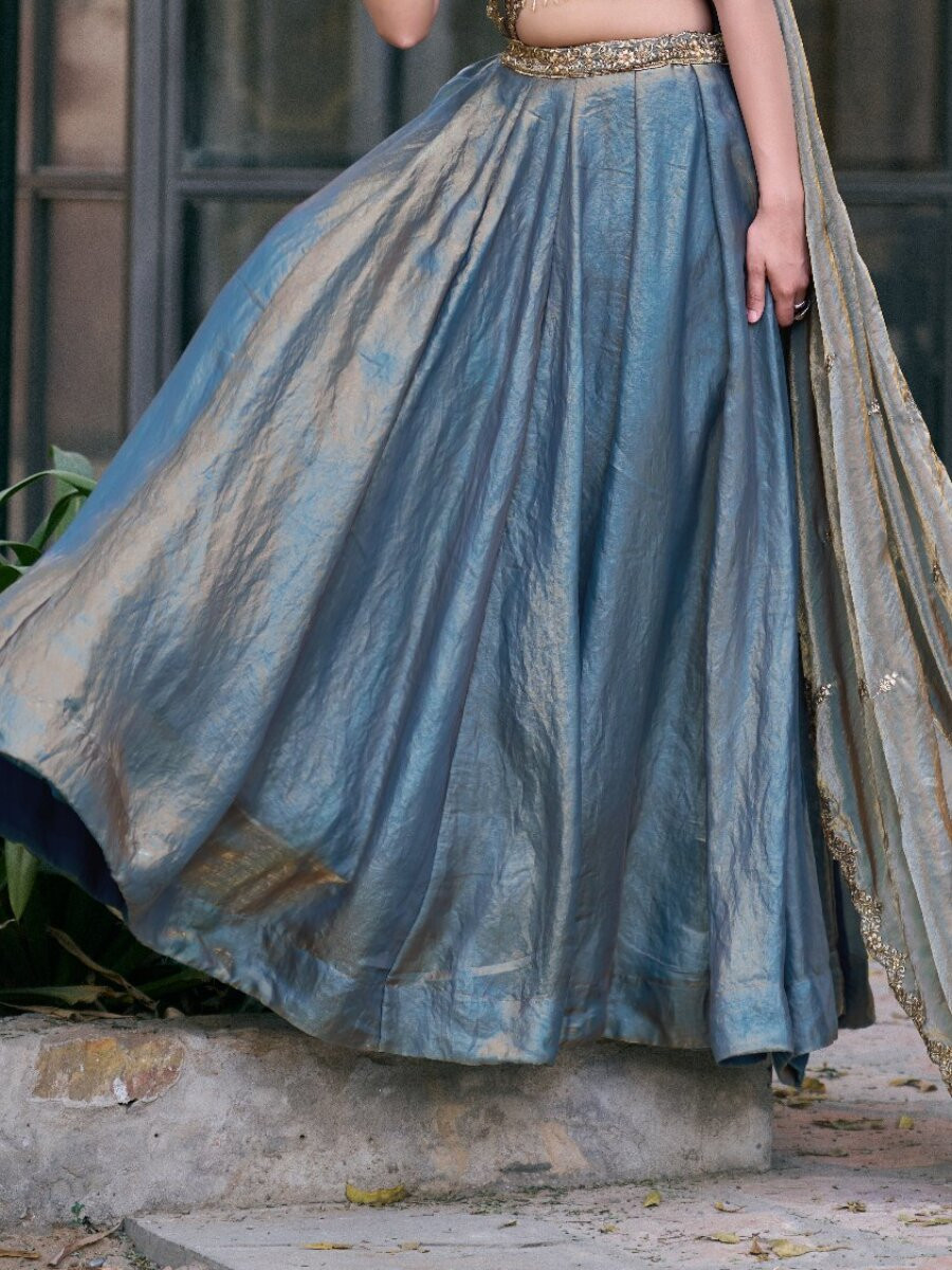 Teal Fendi Silk Thread Embroidery Sequins Wedding Reception Party Festival Circular Lehenga Choli