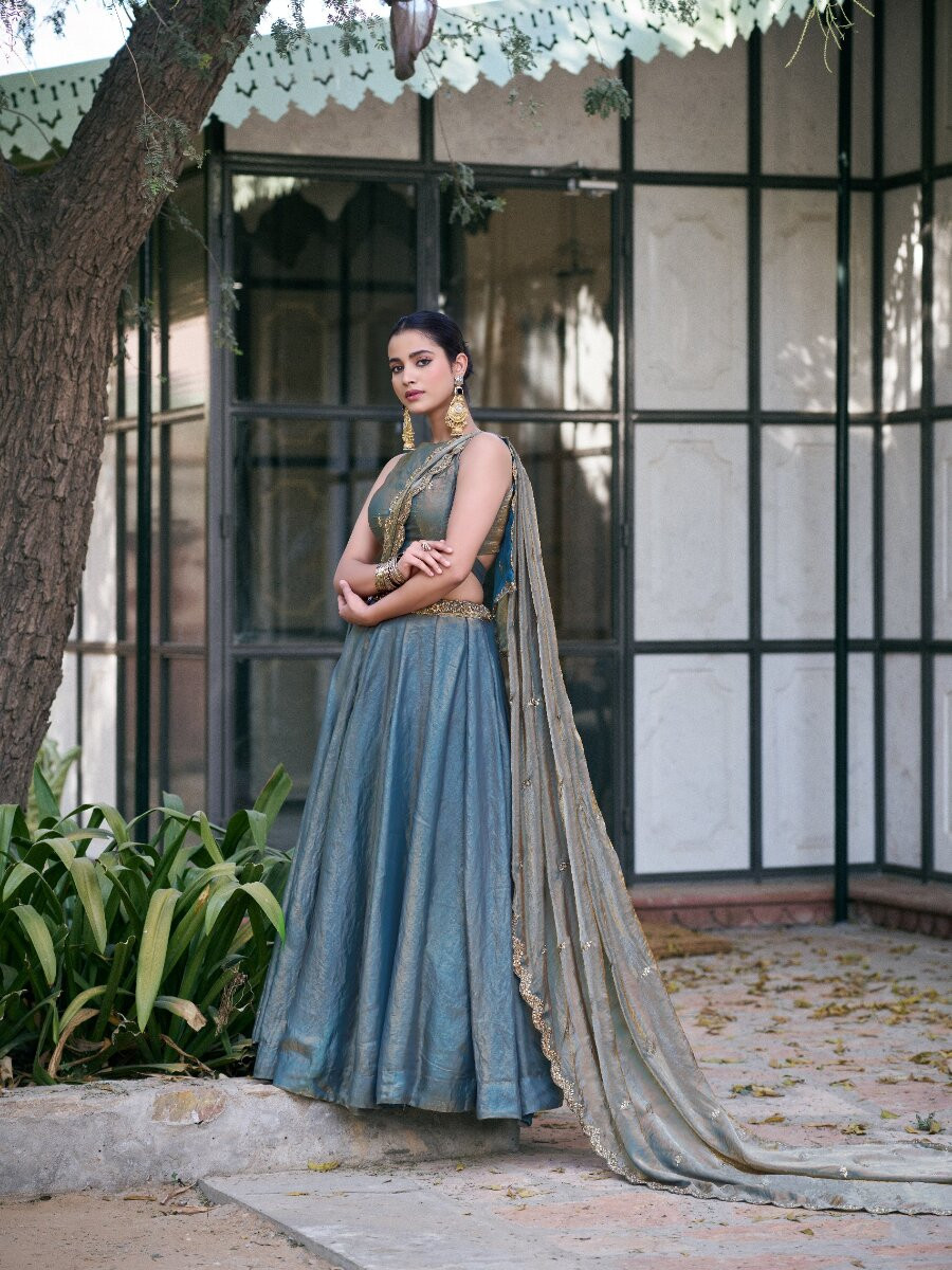 Teal Fendi Silk Thread Embroidery Sequins Wedding Reception Party Festival Circular Lehenga Choli