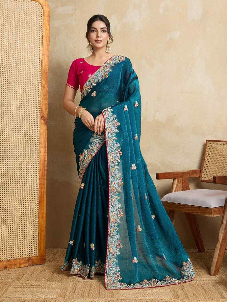 Teal Fendy Chiffon Silk Embroidered Festival Wedding Fancy Heavy Border Saree