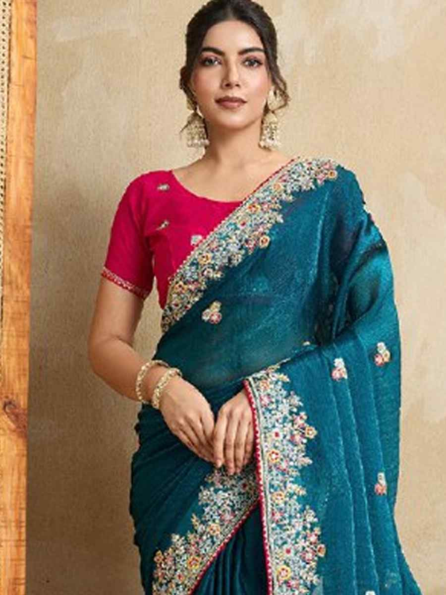 Teal Fendy Chiffon Silk Embroidered Festival Wedding Fancy Heavy Border Saree