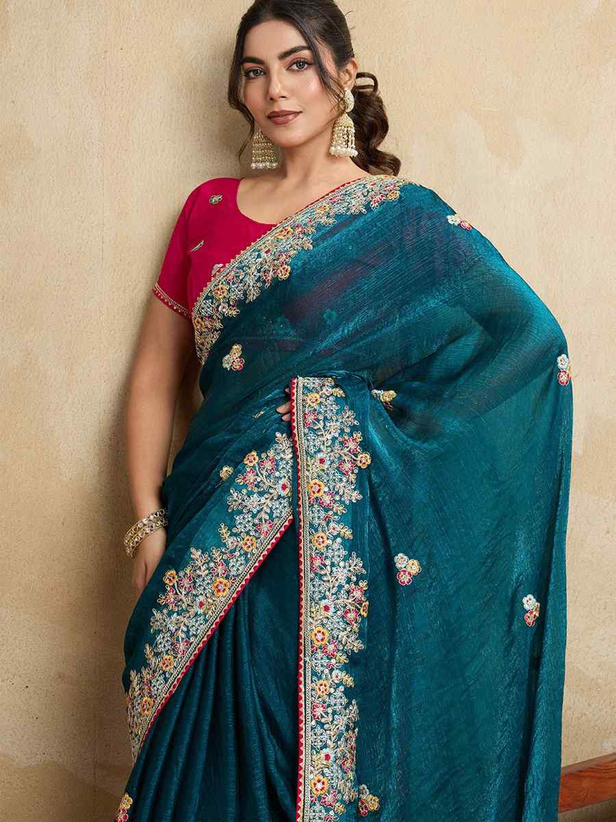 Teal Fendy Chiffon Silk Embroidered Festival Wedding Fancy Heavy Border Saree