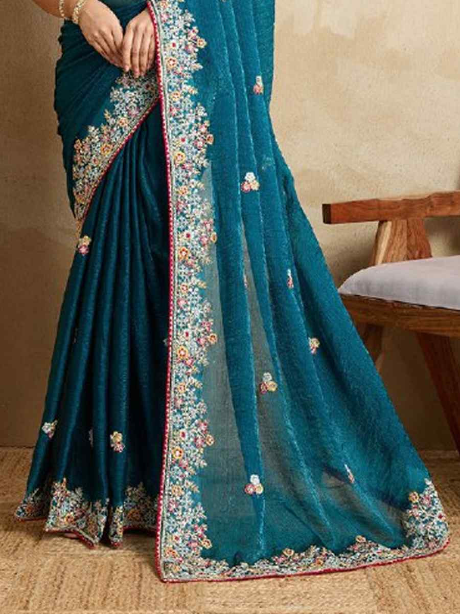 Teal Fendy Chiffon Silk Embroidered Festival Wedding Fancy Heavy Border Saree