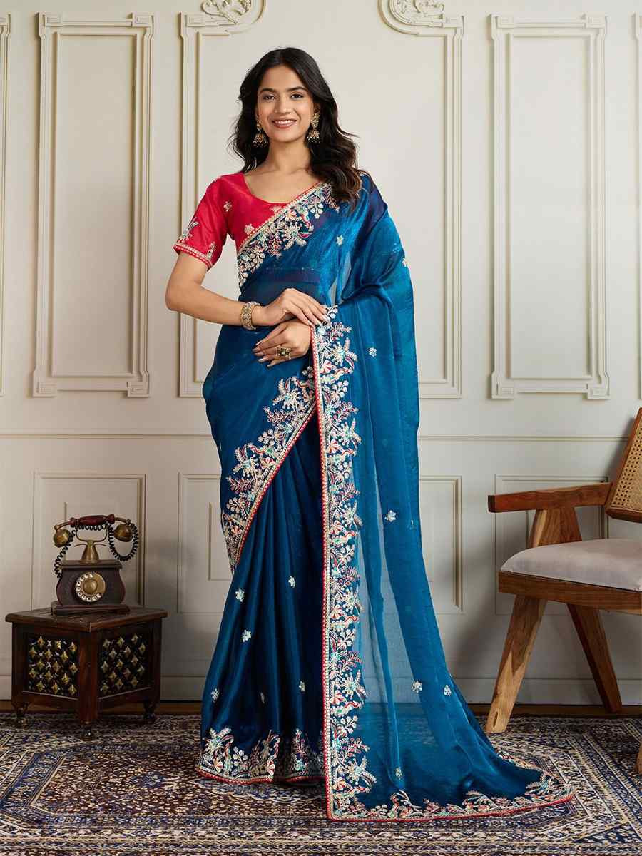 Teal Fendy Chiffon silk Embroidery Traditional Bridal Reception Festival Wedding Fancy Heavy Border Saree