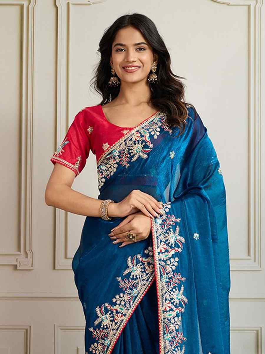 Teal Fendy Chiffon silk Embroidery Traditional Bridal Reception Festival Wedding Fancy Heavy Border Saree