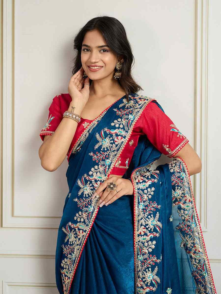 Teal Fendy Chiffon silk Embroidery Traditional Bridal Reception Festival Wedding Fancy Heavy Border Saree