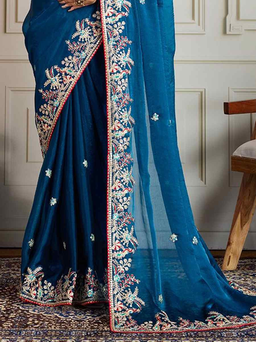 Teal Fendy Chiffon silk Embroidery Traditional Bridal Reception Festival Wedding Fancy Heavy Border Saree