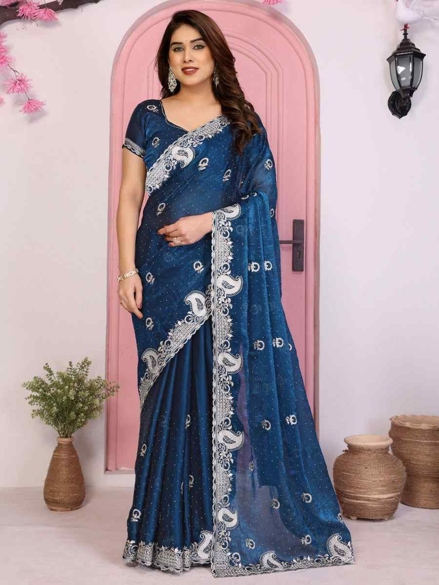 Teal Fendy Chiffon Silk Embroidery Traditional Bridal Reception Festival Wedding Fancy Heavy Border Saree