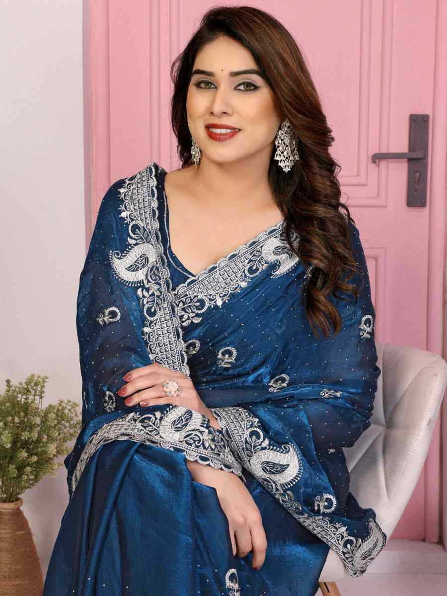 Teal Fendy Chiffon Silk Embroidery Traditional Bridal Reception Festival Wedding Fancy Heavy Border Saree