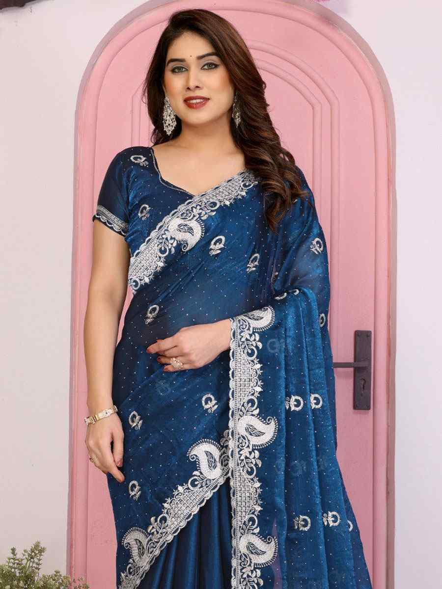 Teal Fendy Chiffon Silk Embroidery Traditional Bridal Reception Festival Wedding Fancy Heavy Border Saree