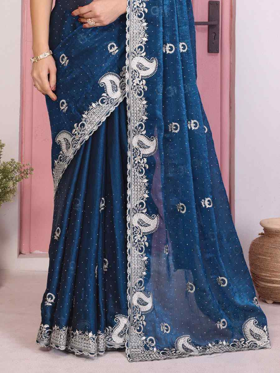 Teal Fendy Chiffon Silk Embroidery Traditional Bridal Reception Festival Wedding Fancy Heavy Border Saree