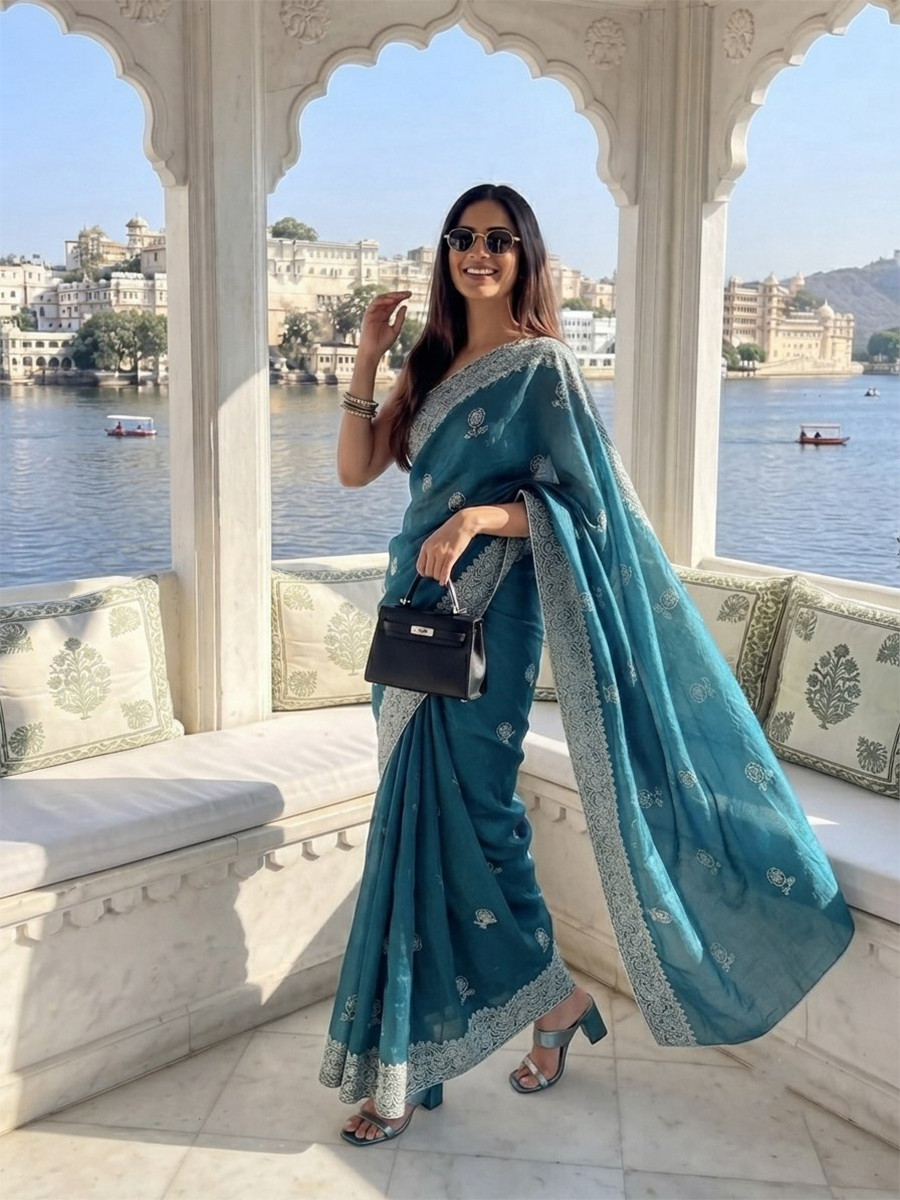 Teal Fendy Chiffon Silk Embroidery Wedding Reception Party Festival Casual Heavy Border Sarees