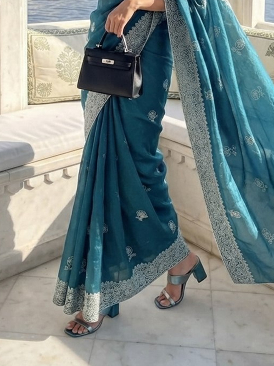 Teal Fendy Chiffon Silk Embroidery Wedding Reception Party Festival Casual Heavy Border Sarees