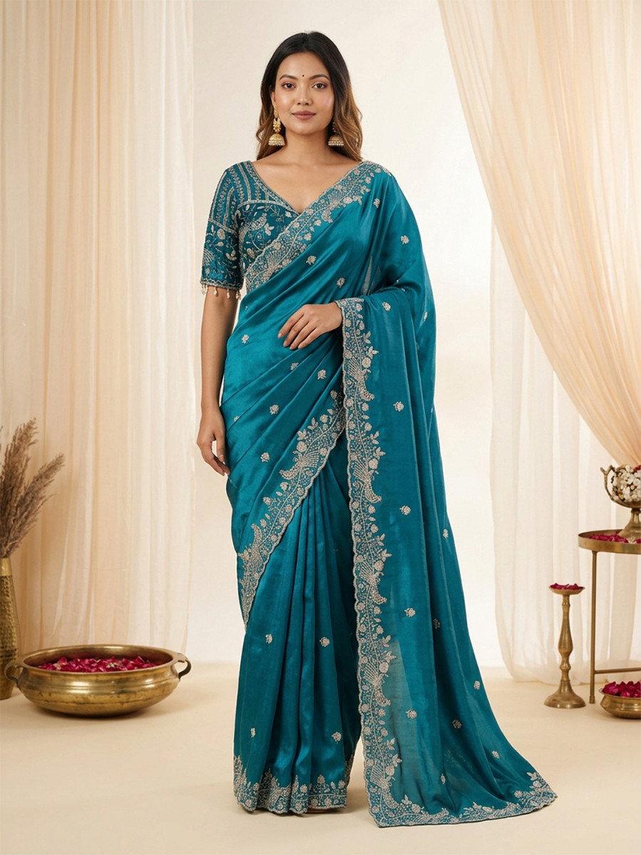 Teal Fendy Satin Designer Embroidery Wedding Reception Party Festival Casual Heavy Border Sarees