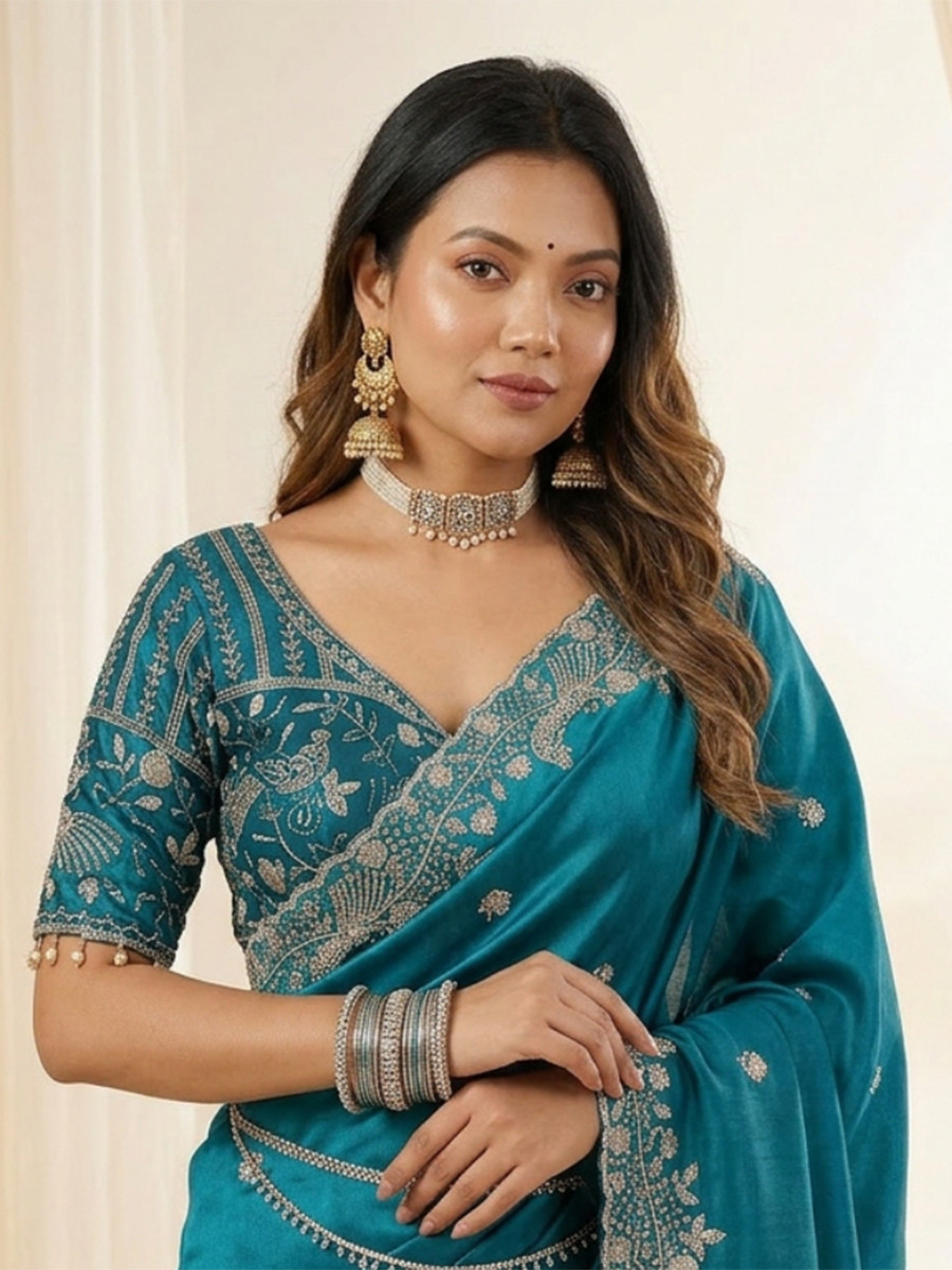 Teal Fendy Satin Designer Embroidery Wedding Reception Party Festival Casual Heavy Border Sarees