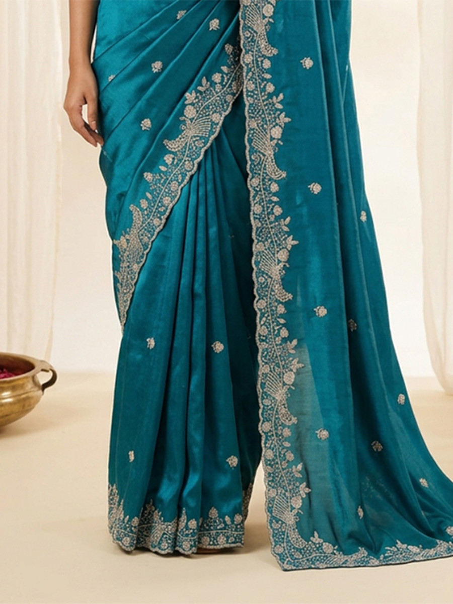 Teal Fendy Satin Designer Embroidery Wedding Reception Party Festival Casual Heavy Border Sarees