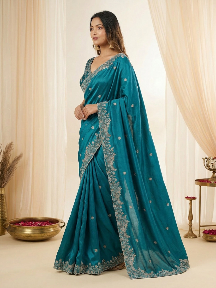 Teal Fendy Satin Designer Embroidery Wedding Reception Party Festival Casual Heavy Border Sarees