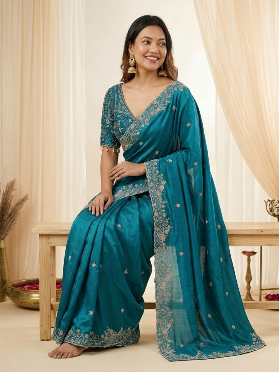 Teal Fendy Satin Designer Embroidery Wedding Reception Party Festival Casual Heavy Border Sarees