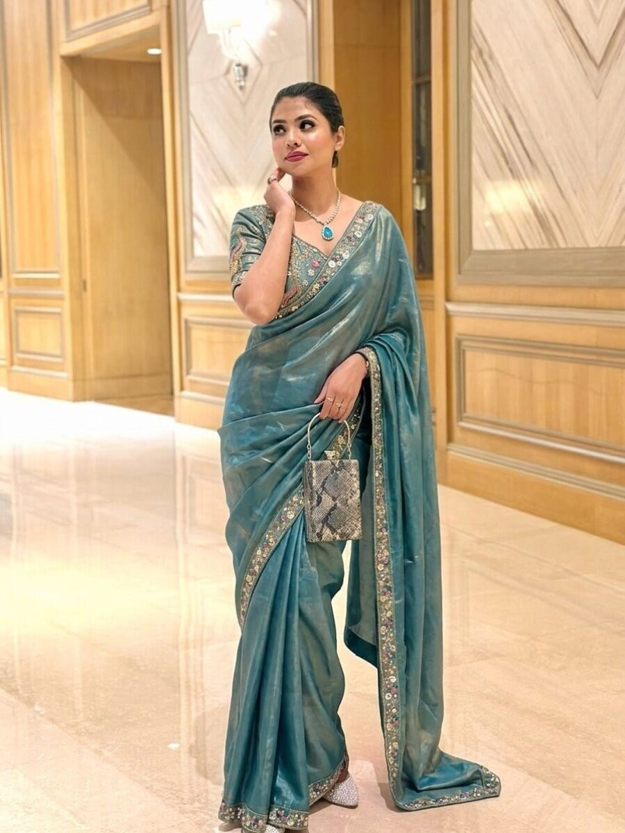 Teal Fendy Satin Silk Embroidery Sequins Beads Wedding Reception Festival Casual Heavy Border Sarees